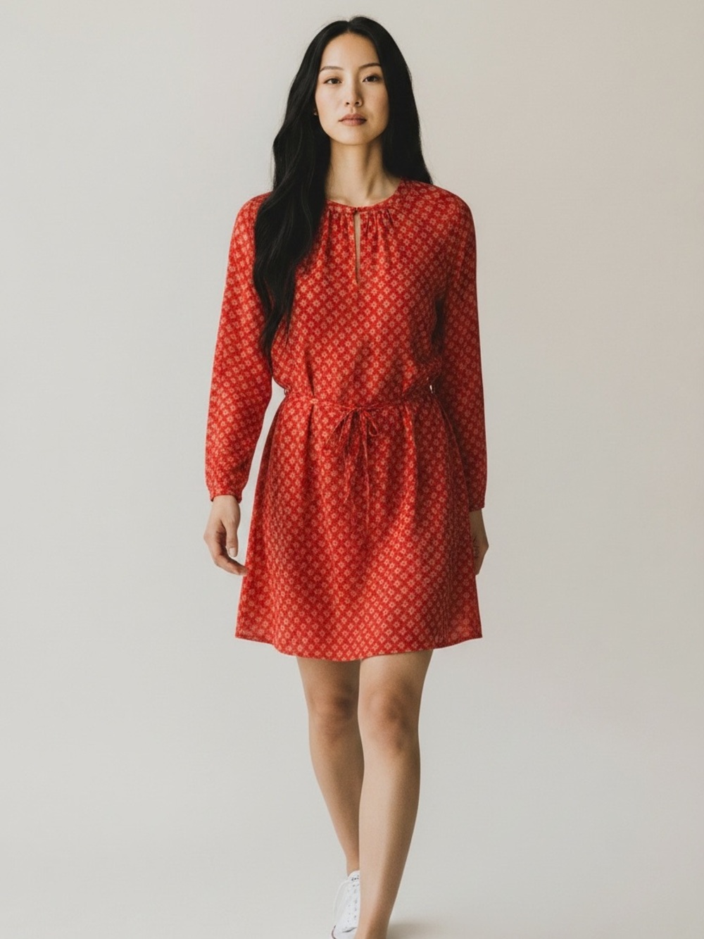 TORY BURCH Like New Orange Cream and Pink Print Long Sleeve Dress